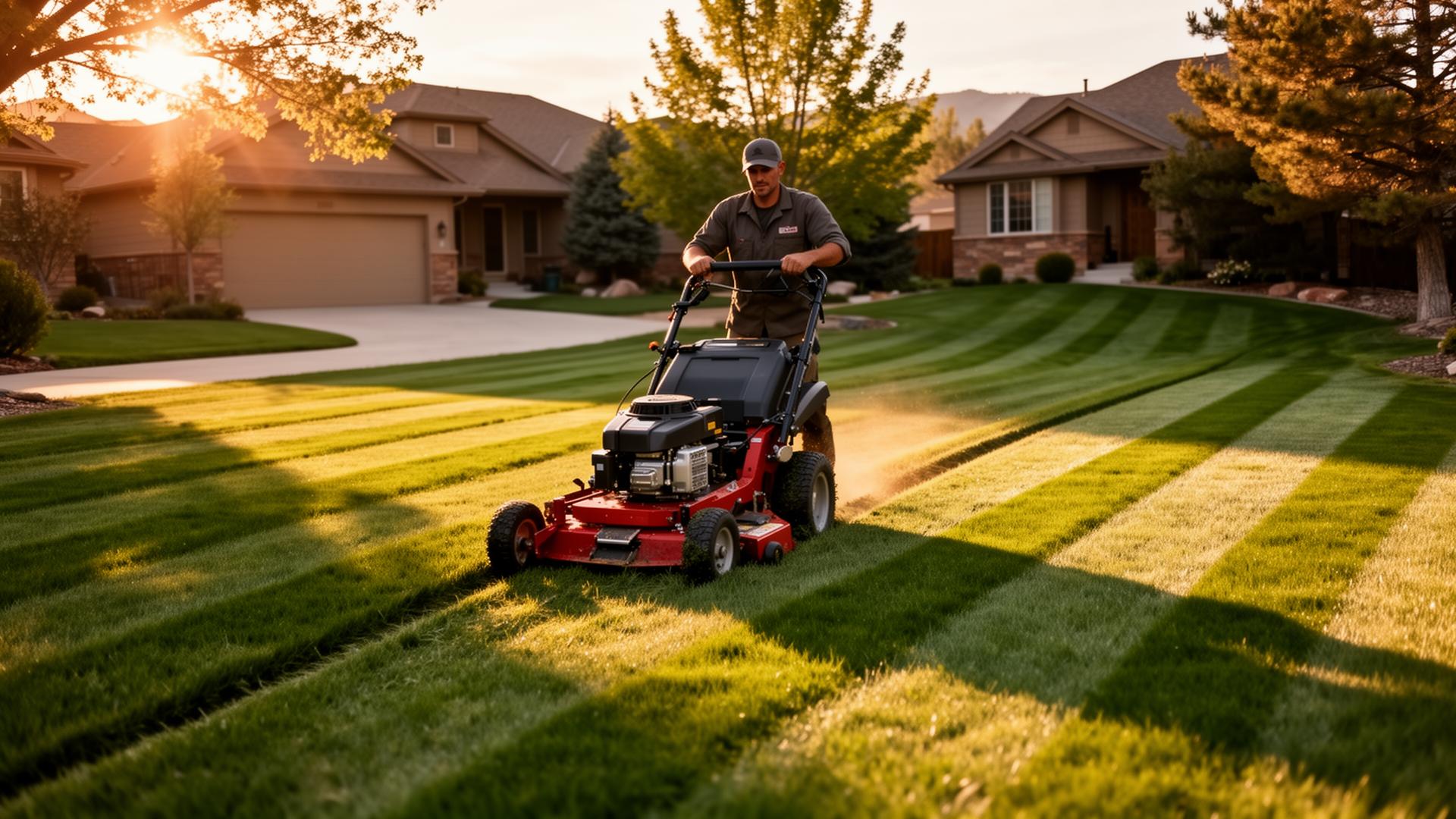Professional landscaper mowing a striped Colorado lawn at golden hour